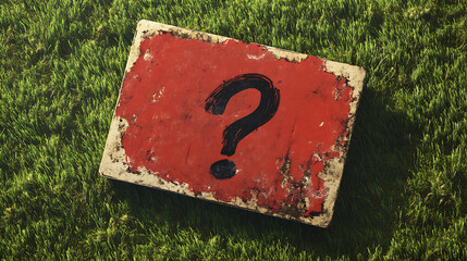 Rusted Red Metal Sign With A Question Mark On Green Moss