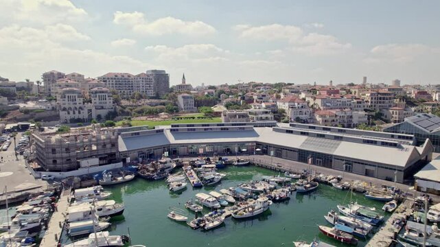 A drone shot of boats in jaffa bay