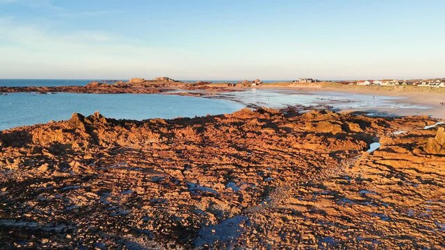 Drone shot of cobo beach Guernsey at low tide 24