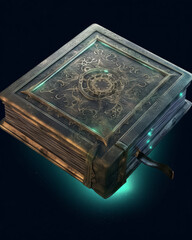 A glowing, antique book is shown. The magical tome has ornate golden embellishments with visible worn pages.