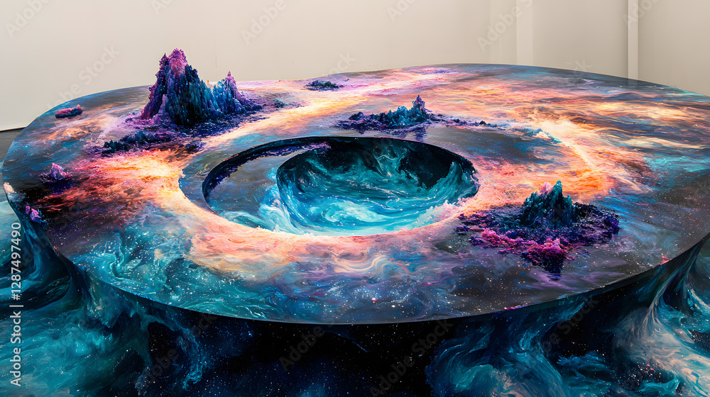 Poster table displaying a colorful painting of a nebula with vibrant colors and abstract patterns