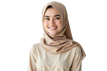 Smiling muslim woman in hijab, isolated on transparent background. Cheerful portrait perfect for Ramadan, Eid designs, diverse representation, website hero images, and social media.