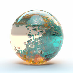 Abstract background image shows a clear sphere with teal and orange flowing fabric details.
