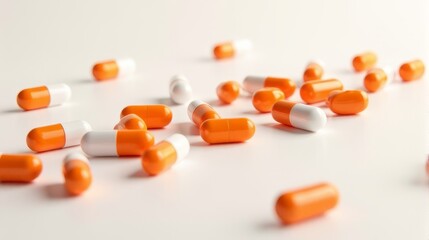 A large number of orange and white capsules scattered across a white surface.
