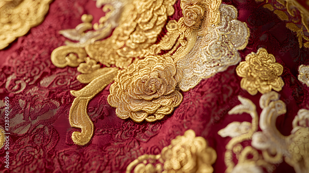 Poster close up view of a red and gold dress fabric with intricate patterns and textures on display