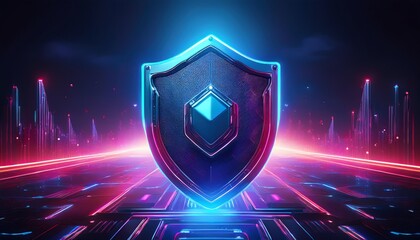 Fototapeta premium A futuristic digital shield glows in vibrant blue and pink hues, symbolizing protection and security within a tech-themed environment.