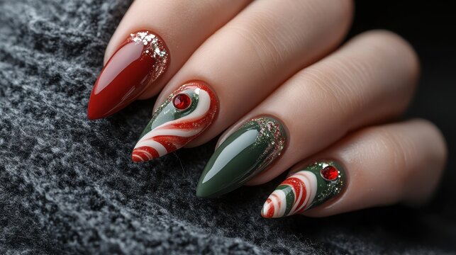 Festive Christmas nail art, red, green, and white candy cane design with glitter accents. Perfect for holiday beauty blogs, nail salons, and manicure tutorials.