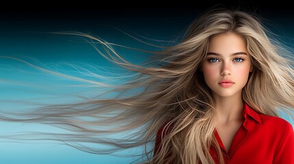Fototapeta premium Bold and confident young woman with voluminous blonde waves, stylishly dressed in red, striking a dynamic pose against a modern, minimalist blue backdrop. The composition is sleek and highly 