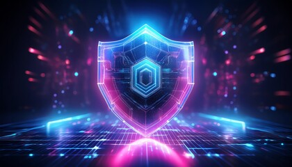 A digital shield emits vibrant colors, symbolizing cybersecurity and protection in a futuristic, tech-driven environment.