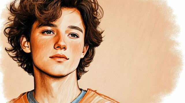 Line Art of a Nonbinary Teen with Curly Hair in Orange Sweater Looking to Side on White Background, Youthful Expression, Contemporary Style, Confidence and Diversity
