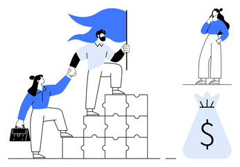 Two individuals stand on stacked puzzle pieces holding a flag and briefcase, symbolizing leadership and teamwork. Nearby, another person ponders and a large money bag. Ideal for business success