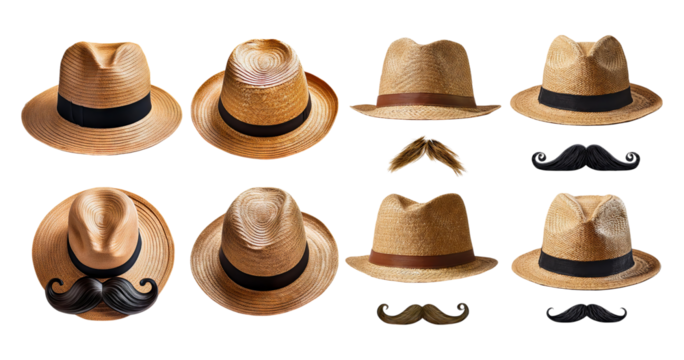 Collection of Stylish Straw Hats and Decorative Mustaches for Fun, isolated on transparent background