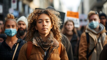 A diverse group of passionate activists of different ages and backgrounds holding signs with environmental messages, protesting against climate change in a busy urban setting, determined expressions, 