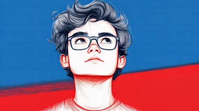 Line Art Portrait of Nonbinary Teen with Glasses and Curly Hair, Youthful Expression Highlighted in Minimalistic Style for Modern Animation and Diversity Representation in Media Projects