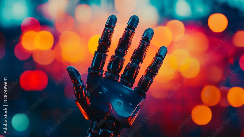 Aufkleber Robotic hand with metallic fingers reaching up against colorful bokeh lights in the background. Futuristic technology and innovation concept