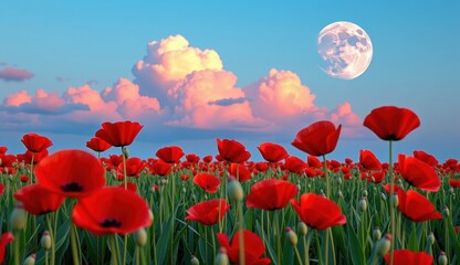 Fototapeta premium A beautiful field of red tulips and poppies under a blue sky