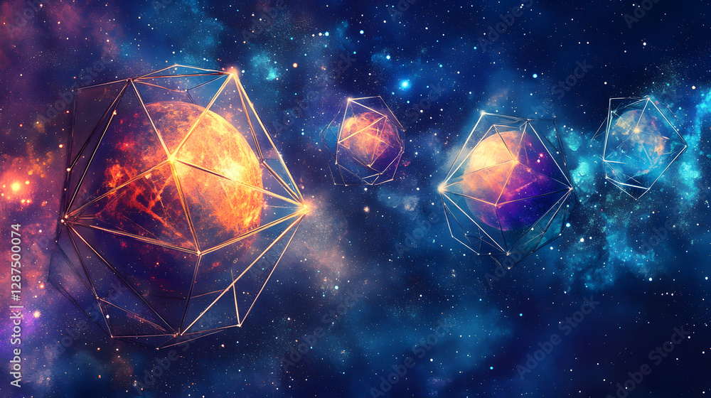 Poster group of three polyhedrals in the center of a colorful nebula in outer space