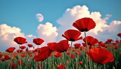 Obraz premium A beautiful field of red tulips and poppies under a blue sky