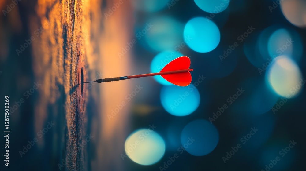 Poster Red dart hitting the bullseye on a dartboard with bokeh background in blue tones. Precision and focus concept