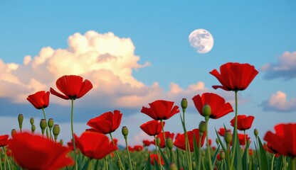 Obraz premium A beautiful field of red tulips and poppies under a blue sky