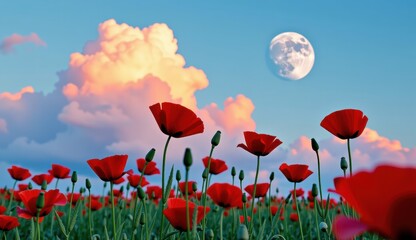Fototapeta premium Red poppies sway in a vibrant field under a bright moonlit sky with fluffy clouds at dusk