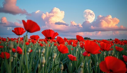 Obraz premium A beautiful field of red tulips and poppies under a blue sky