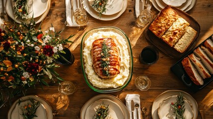 A vibrant Thanksgiving dinner table with mashed potatoes in a glass dish, complemented by honey-glazed ham, cornbread, and autumn flowers