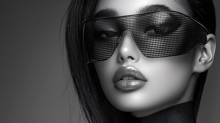 Fashion-forward futuristic studio portrait of a model wearing reflective, cybernetic eyewear, hyper-detailed textures and avant-garde styling, illuminated by soft, artistic monochrome lighting  © tonpreecha