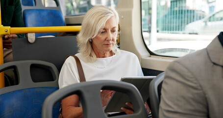 Mature woman, reading and bus with tablet for local commute, ebook or travel in city. Female...