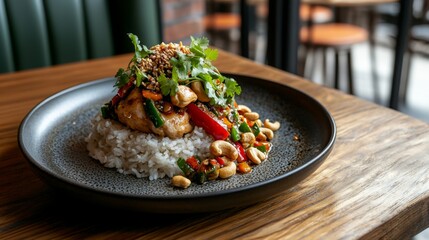 Authentic stir-fried chicken with cashew nuts, vibrant red chili, and golden-brown cashews, plated beautifully. --chaos 20 --ar 16:9 --quality 2 --v 6.1 Job ID: b65d5cce-d764-458a-96e7-4e6bda974e64