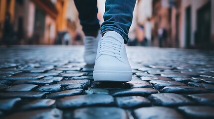Fototapeta premium Person walking on cobblestone street in white sneakers.