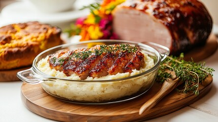 A vibrant Thanksgiving dinner table with mashed potatoes in a glass dish, complemented by honey-glazed ham, cornbread, and autumn flowers
