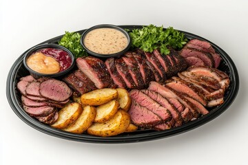 Gourmet Meat Platter with Assorted Cuts, Sauces and Sides on Black Serving Tray