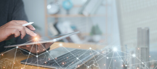 Digital technology, Internet global network technology concept, Data exchange, Ecommerce, Big data, Businessman using digital tablet computer with global internet network connection.