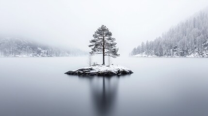 Fototapeta premium Solitary pine on snowy island, calm lake, misty mountains. Peaceful winter landscape, nature backdrop
