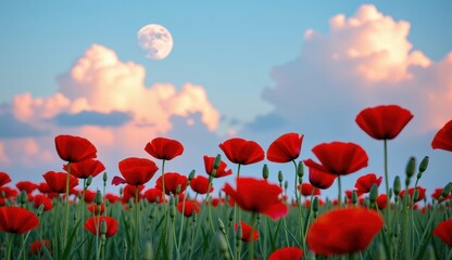 Fototapeta premium Red poppies sway in a vibrant field under a bright moonlit sky with fluffy clouds at dusk