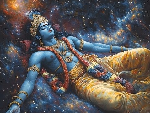 Hindu deity Vishnu sleeping cosmos background