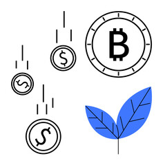 Dollar and Bitcoin coins falling, blue plant symbolizing growth and sustainability. Ideal for cryptocurrency, investments, finance, savings, eco-finance, economic growth, digital payments. Line