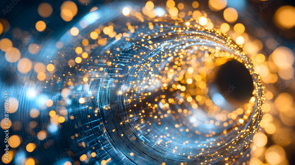 Poster close up view of a circular object illuminated with bright lights against a dark background