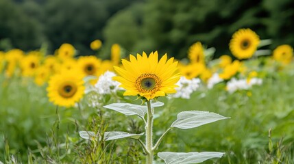 Single sunflower field summer bloom nature background