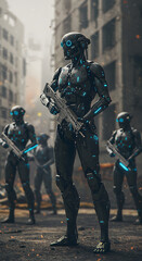 Cybernetic troops of tactical combat humanoid robots, preparing for urban warfare operations, background wallpaper.