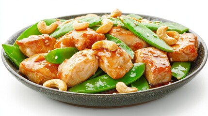 Stir-fried chicken with cashew nuts, vibrant green snow peas, and savory sauce, isolated on white --chaos 20 --ar 16:9 --quality 2 --v 6.1 Job ID: 90ab7f59-e6bf-4fb9-adec-0ba71f0b1f13
