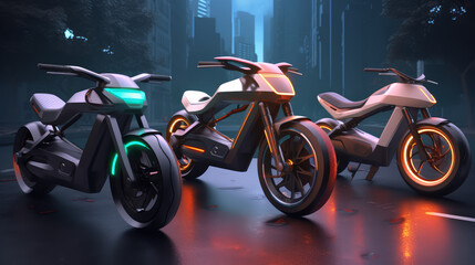 A futuristic motorcycle, primarily black, features glowing neon blue accents on the wheels and headlight. 