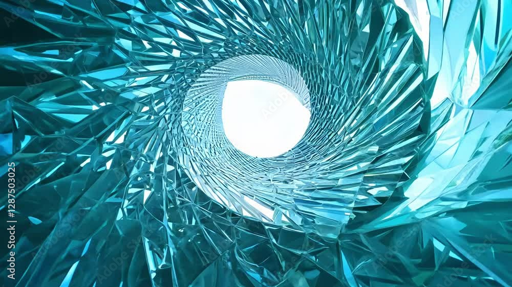 Poster a 360-degree rotation around a group of frosted glass shards arranged in a spiral pattern, side ligh