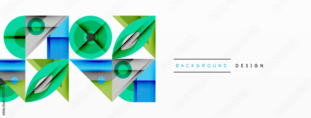 Poster geometric abstract composition with intersecting shapes, circles, triangles, and gradients, blending
