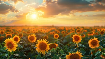 Fototapeta premium A breathtaking sunflower field bathed in the warm glow of a golden sunset. The endless rows