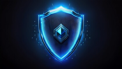 A digital shield icon with a glowing blue outline, set against a dark background, symbolizing protection and security.