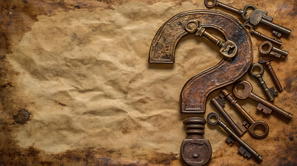 Naklejka premium Rusty Keys Forming a Question Mark on Aged Paper