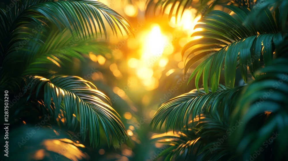 Poster sunlight filtering through lush green palm leaves during golden hour in a tropical setting. nature a