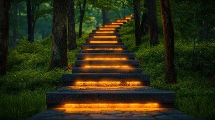 Obraz premium Life Stages style. A mystical pathway of illuminated steps through a lush forest.